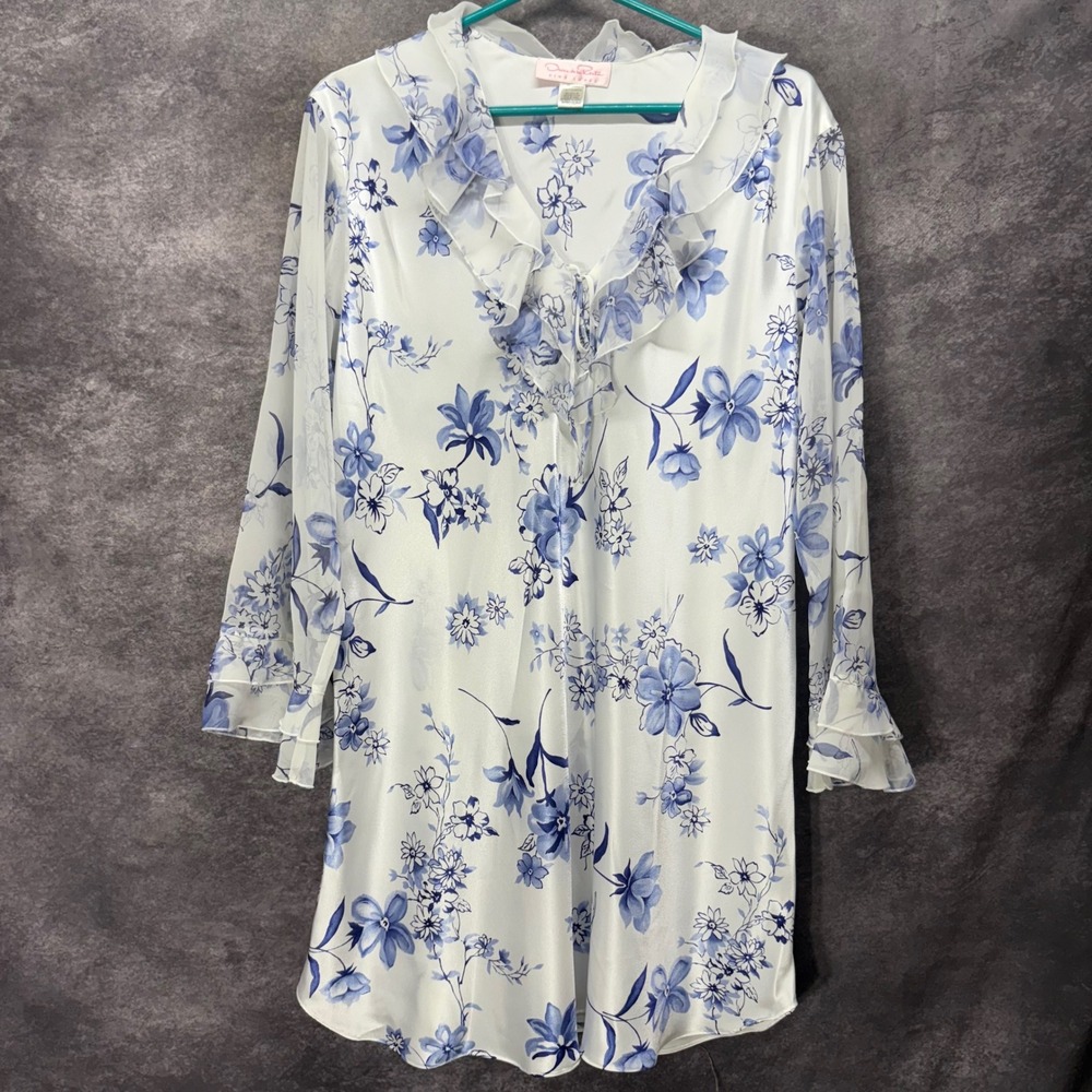 Y2K Oscar de la Renta Pink Label Floral Ruffle Nightgown Size M White Blue Satin